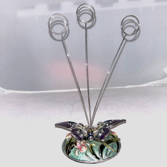 Enamel Butterfly Desk Card Photo Note Memo 8" Holder Floral Cloisonne Brass - Picture 1 of 7